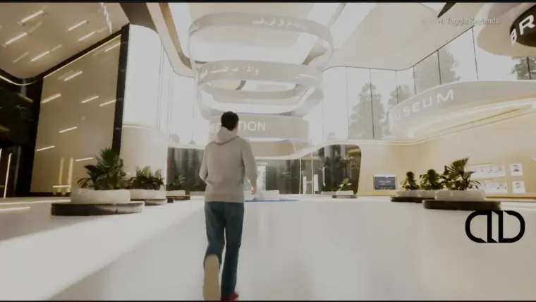 Reception lobby of a building rendered as a digital twin
