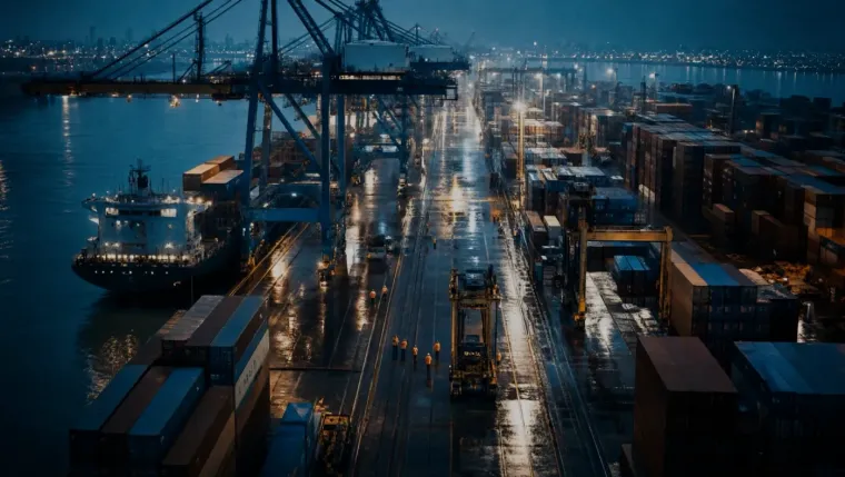 Container terminal at night with ships and cranes
