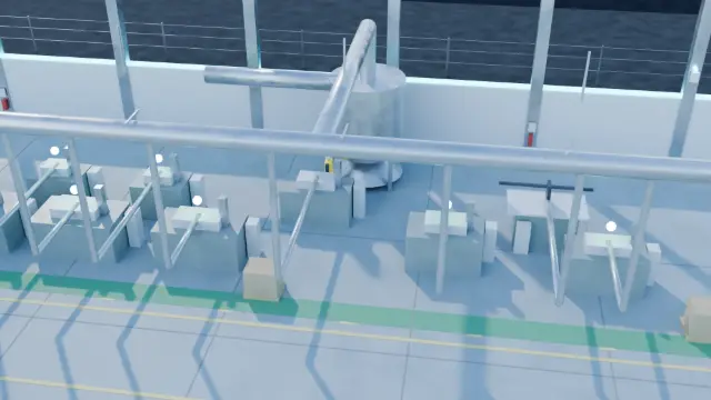 The woodworking machine line with dust extraction ducting running to the collector