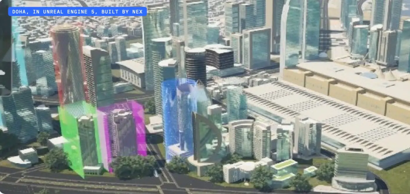 Doha towers rendered in Unreal Engine with selected buildings highlighted